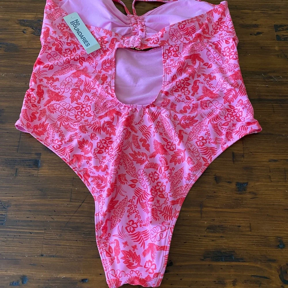 No Boundaries Pink Tropical Bird Floral One Piece Swimsuit Cheeky High Leg XL